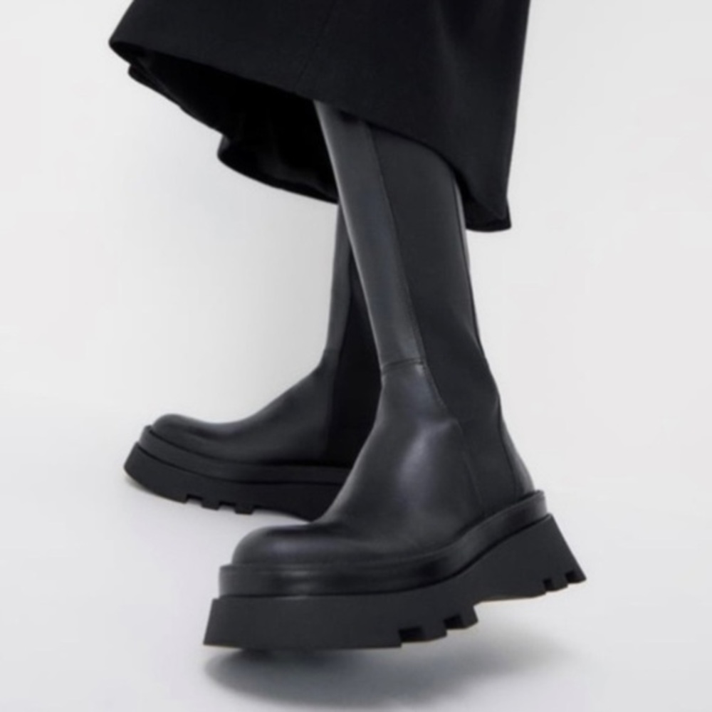 Zara Chunky Lug Sole Tall Leather Boots 38